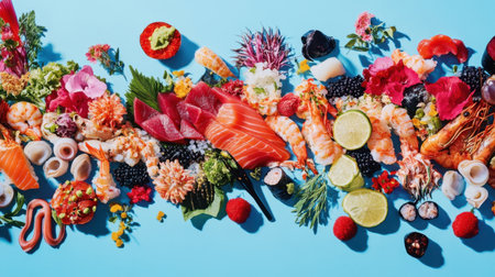 A stunning arrangement of fresh seafood, including shrimp, salmon, and colorful garnishes, set against a vibrant blue background for culinary inspiration or food presentations.の素材
