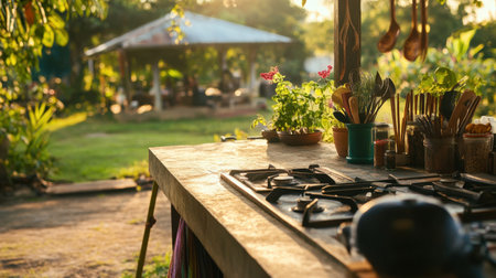 A beautifully designed outdoor kitchen featuring a rustic countertop, cookware, and vibrant plants, creating a serene atmosphere for cooking and relaxation in nature.の素材