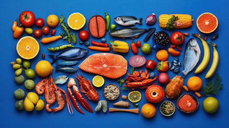 A vibrant flat lay featuring a variety of fresh ingredients, including fruits, vegetables, seafood, and grains, perfect for health-focused and culinary projects.の素材