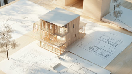 A detailed architectural model sits on a drafting table surrounded by blueprints, showcasing the creative process of design and construction in a bright setting.の素材
