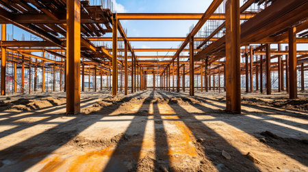 Captivating view of an industrial construction site showcasing steel framework with shadows cast on the ground under a bright blue sky, emphasizing the building process.の素材