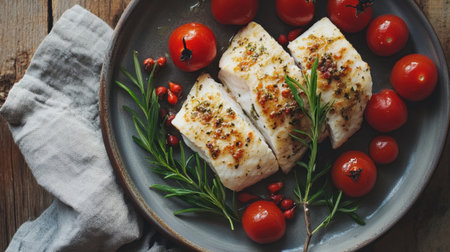 A visually appealing presentation of a cooked fish fillet served with cherry tomatoes and fresh herbs on a rustic plate, ideal for food photography and culinary inspiration.の素材