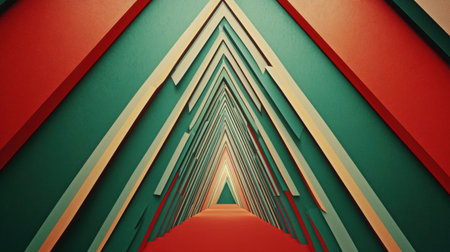 A striking abstract composition showcasing layered triangles in green and red, creating an illusion of depth and perspective, ideal for modern design and artistic projects.の素材