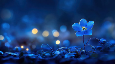 A stunning blue flower stands gracefully amidst a dark, enchanting forest, illuminated by soft glowing lights, evoking a sense of tranquility and wonder in nature.の素材
