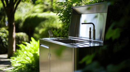 A sleek stainless steel outdoor kitchen featuring a modern sink, surrounded by lush greenery, ideal for cooking and entertaining in a serene garden environment.の素材