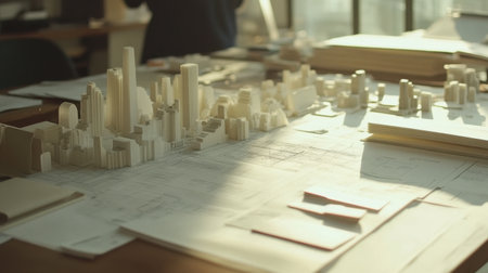 A detailed architectural model situated on a work table, surrounded by blueprints and illuminated by natural light, showcasing creativity and design process in a modern workspace.の素材