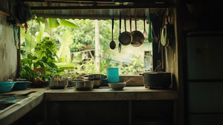 A serene rustic kitchen filled with natural light, showcasing various utensils and lush plants, perfect for culinary creativity and a homely atmosphere.の素材