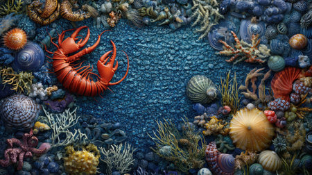 Explore a vibrant underwater scene showcasing a lobster among colorful coral, shells, and marine flora, illustrating the beauty of ocean life in stunning detail.の素材