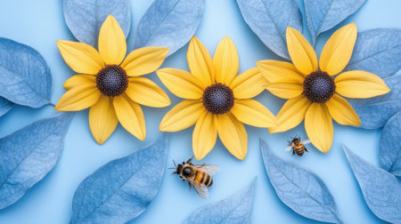 A stunning arrangement of yellow flowers and bees set against a soft blue background, capturing the essence of nature and the vital role of pollinators in ecosystems.の素材