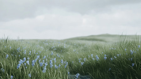A tranquil landscape showcasing soft green grass and delicate blue flowers, set under a subtle cloudy sky. Perfect for projects highlighting nature's serene beauty.の素材