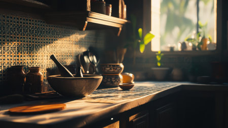 A serene kitchen scene basking in warm natural light, featuring vintage utensils, ingredients, and a cozy atmosphere that inspires a sense of culinary creativity and home cooking.の素材