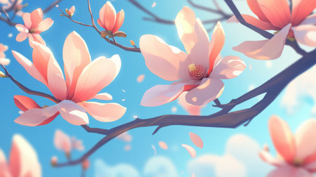 A stunning display of magnolia flowers blooms in soft pink hues against a bright blue sky, with gentle petals falling gracefully, evoking the beauty of springtime.の素材