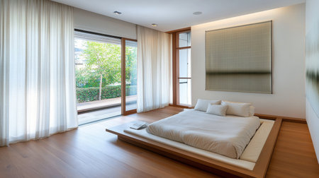 Modern bedroom design radiating tranquility with a comfortable bed, soft textiles, and large windows inviting in natural light and views of lush greenery.の素材