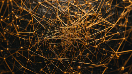 Captivating abstract image featuring a network of golden lines and nodes on a dark background, symbolizing connections in technology and digital communication.の素材