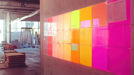 A colorful display of transparent sticky notes in a contemporary office, showcasing a collaborative workspace where creativity and teamwork thrive.の素材