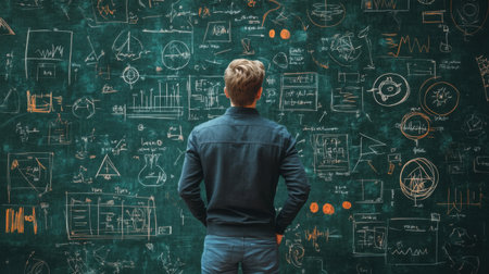 A curious individual stands before a chalkboard filled with complex scientific diagrams and graphs, embodying the spirit of exploration and learning in a creative environment.の素材