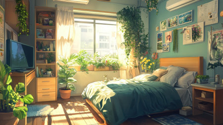 A charming bedroom filled with natural light and lush greenery. Features a cozy bed, wooden furnishings, and an inviting atmosphere perfect for relaxation and creative inspiration.の素材