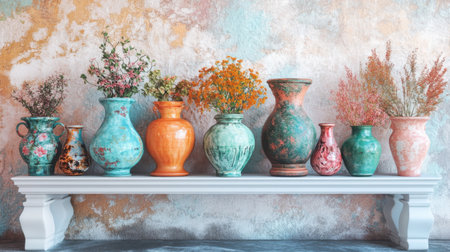 A stunning collection of colorful ceramic vases filled with dried flowers, elegantly arranged on a rustic shelf against a textured wall, perfect for home decor inspiration.の素材