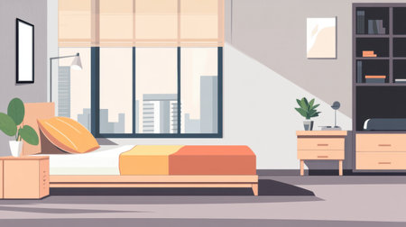 A serene and stylish bedroom interior featuring modern furniture, abundant natural light, and a captivating city skyline view, ideal for inspiration in home decoration and design projects.の素材