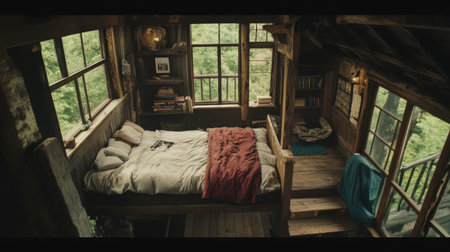 This image captures a serene cabin interior with large windows overlooking a lush forest, showcasing a cozy bed, rustic furnishings, and a perfect retreat for relaxation.の素材
