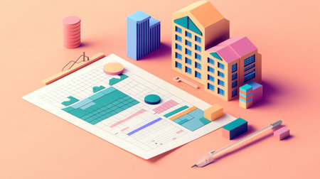 A vibrant 3D illustration showcasing building blocks next to a planning sheet, symbolizing various aspects of construction and project planning in a modern and creative setting.の素材