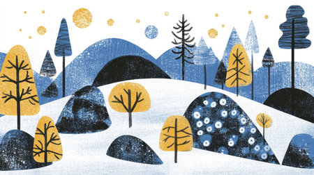 A charming winter landscape illustration featuring stylized trees, rolling hills, and scattered rocks in vibrant blue and yellow tones, ideal for seasonal themes and creative projects.の素材