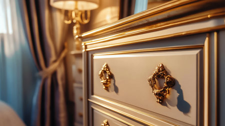 Close-up view of an elegant dresser showcasing intricate golden hardware, warm lighting, and luxurious textures, perfect for creating a sophisticated bedroom ambiance.の素材