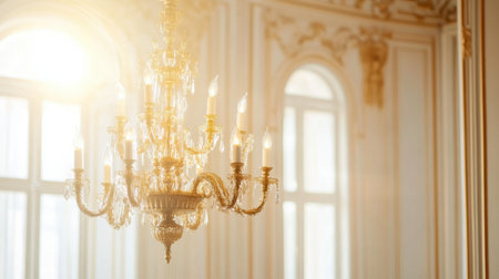Stunning chandelier illuminated by natural light, enhancing the ornate design of the room. Ideal for settings focused on elegance and refined decor.の素材