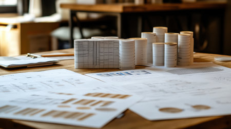 A vibrant workstation scene shows stacks of paper rolls and various documents spread across a wooden table, illuminated by natural light, ideal for creative projects and planning.の素材