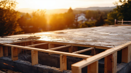 A serene construction scene featuring a fresh concrete slab and wooden framework, highlighted by a beautiful sunset, capturing the essence of progress and craftsmanship.の素材