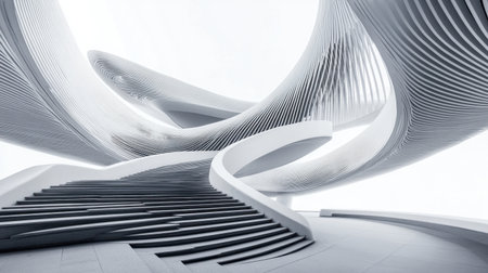 Explore a captivating abstract architectural design featuring curved lines, smooth surfaces, and modern aesthetics in a light gray palette, creating a unique visual experience.の素材