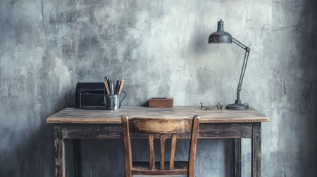 A rustic workspace featuring a wooden desk and chair, paired with a stylish lamp and stationery accessories, perfect for creative inspiration and minimalist decor.の素材