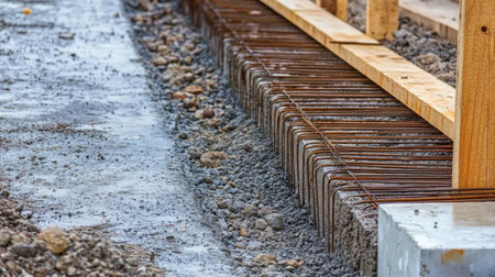 A close-up view of a construction site showcasing steel reinforcement bars set in freshly poured concrete, crucial for ensuring the strength and durability of building foundations.の素材