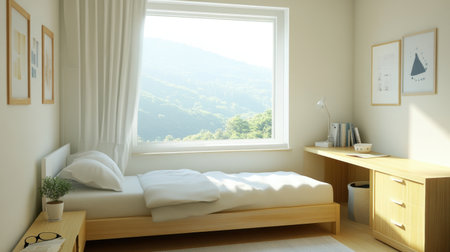 A serene and bright bedroom featuring a comfortable bed and stylish furniture, highlighted by natural light streaming through a large window with a stunning mountain view.の素材