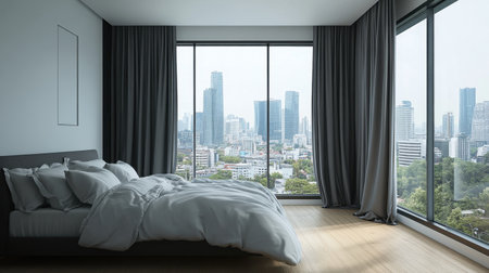 Discover a serene modern bedroom designed for comfort, featuring large windows with a stunning city view, perfect for urban living and relaxation.の素材