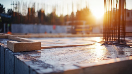 A serene view of a construction site during sunset, showcasing a concrete foundation with steel rebar, highlighting the beauty and progress of architectural development in urban landscapes.の素材