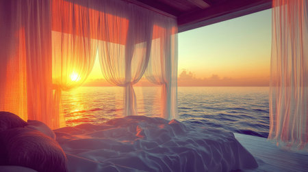 Experience the serenity of a tranquil bedroom overlooking the ocean at sunrise, with sheer drapes gently swaying in the morning breeze, inviting relaxation and peace.の素材