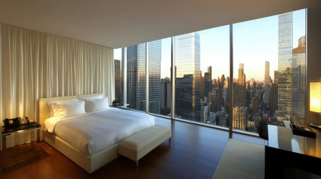 Relax in this modern luxury bedroom featuring large windows that provide breathtaking views of a vibrant city skyline at sunset, perfect for any urban dweller.の素材