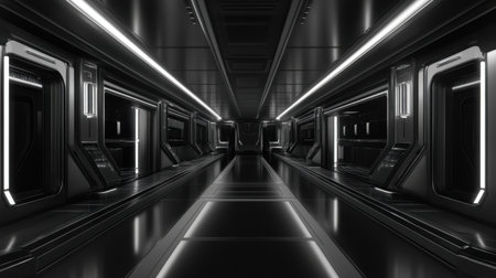 A sleek, dark corridor within a futuristic spaceship features glowing lights, emphasizing modern design and sci-fi aesthetics, perfect for tech-oriented visuals or concepts.の素材