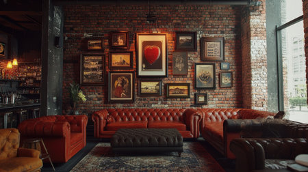 Experience a chic urban lounge featuring classic leather sofas, vintage artwork, and a welcoming atmosphere perfect for relaxation and gatherings.の素材