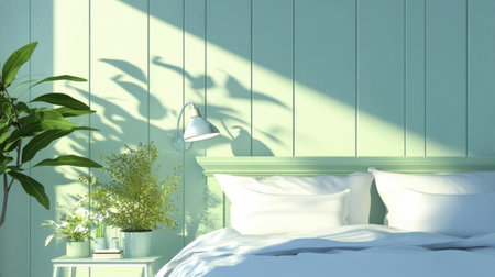 A serene bedroom featuring soft green walls, cozy bedding, and indoor plants, bathed in natural light, creating a peaceful and inviting atmosphere ideal for relaxation.の素材