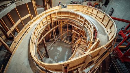 A detailed view of a construction site showcasing the intricate wooden framework of a spiral staircase being built in a modern structure.の素材