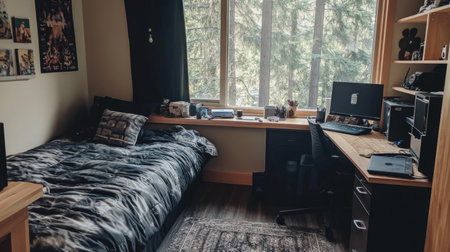 A serene bedroom showcasing a comfortable bed and a stylish desk by a sunny window, perfect for creativity and relaxation while enjoying the view of beautiful trees outside.の素材