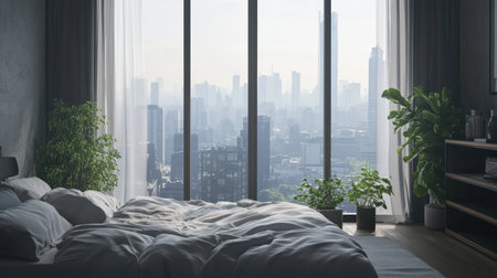 This serene bedroom features a large window with a stunning city skyline view, inviting natural light and showcasing a cozy, modern aesthetic filled with greenery.の素材