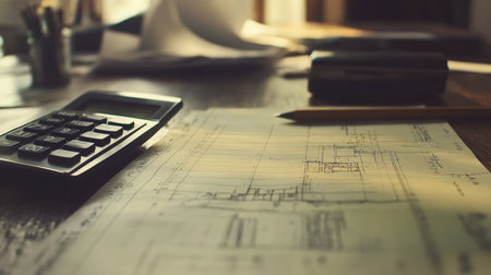 A picturesque workspace featuring a calculator beside detailed blueprints, capturing the essence of planning and design in an inspiring office setting filled with natural light.の素材