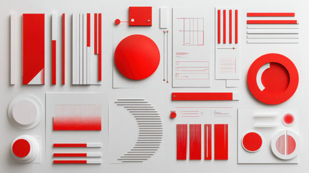 Explore a vibrant collection of red geometric shapes and minimalistic elements arranged on a clean white background, ideal for creative projects and modern designs.の素材