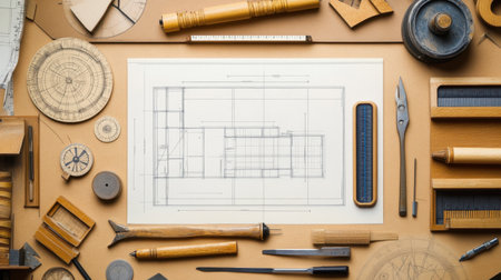 A meticulously arranged collection of drafting tools alongside an architectural blueprint on a smooth brown surface, ideal for design inspiration and artistic endeavors.の素材