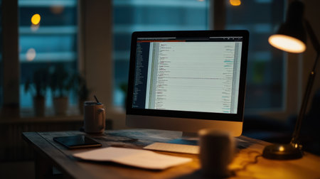 This cozy late-night workspace highlights a computer with coding software, a coffee mug, and scattered documents, creating an inviting atmosphere for productivity and creativity.の素材