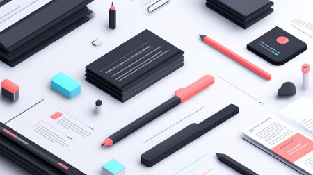 Explore a visually appealing workspace with modern stationery items arranged in a minimalistic style, ideal for creative projects and professional settings.の素材