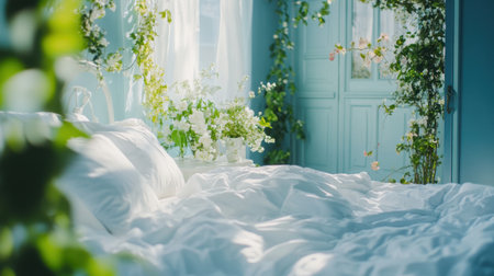 A beautifully arranged bedroom adorned with lush greenery and natural light, creating a serene atmosphere perfect for relaxation and rejuvenation in a stylish environment.の素材